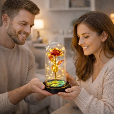 Wieczna Róża W Kopule Kryształowa Oświetlenie LED Czerwona 21x11cm