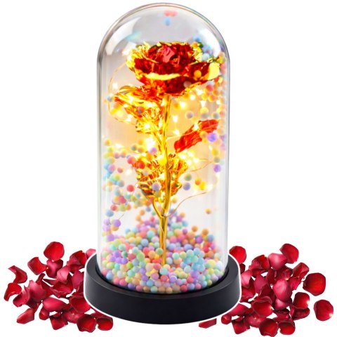 Wieczna Róża W Kopule Kryształowa Oświetlenie LED Kuleczki Czerwona 21x11cm
