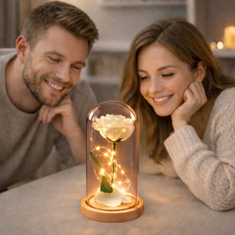 Wieczna Róża W Szkle Kopuła Oświetlenie LED Biała 21x11cm