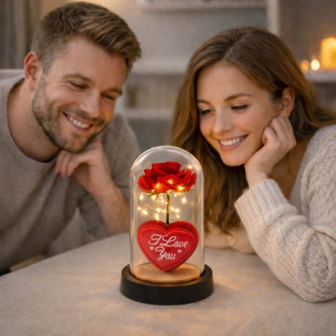 Wieczna Róża w Kopule z Oświetleniem LED Czerwona z Serduszkiem 18,5x8cm