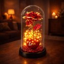 Wieczna Róża w Kopule z Oświetleniem LED Sercem Koralikami Czerwona 21x11cm