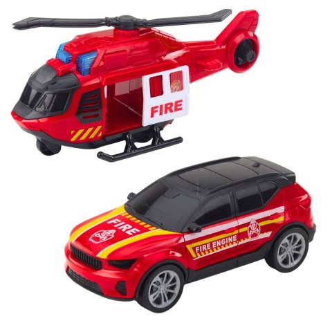 Zestaw Strażacki Laweta Helikopter Samochód Światła Dźwięki Czerwony