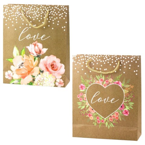Torba Prezentowa Napis Love Kwiaty Brokat 32 x 26 x 10 cm