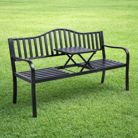 Ławka Ogrodowa Taras Ogród Park Metalowa Oparcie Stolik Czarna 150 cm