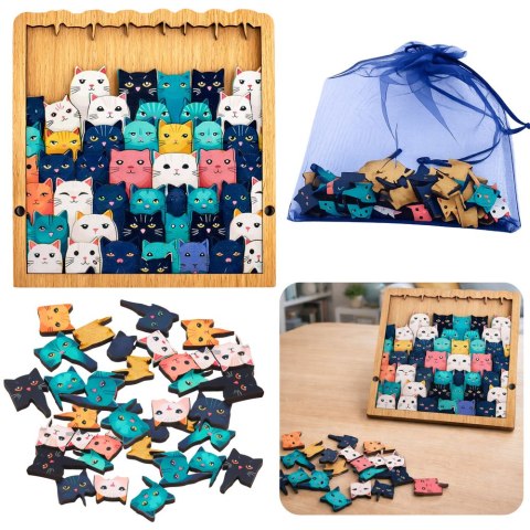 Drewniane Puzzle Kotki Układanka Edukacyjna Ramka Woreczek 62 el.