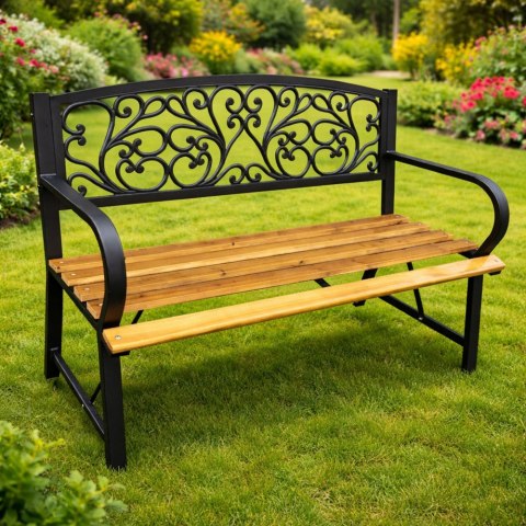 Ławka Ogrodowa Park Taras Ogród Metalowe Oparcie Drewniana Zdobiona 118 cm